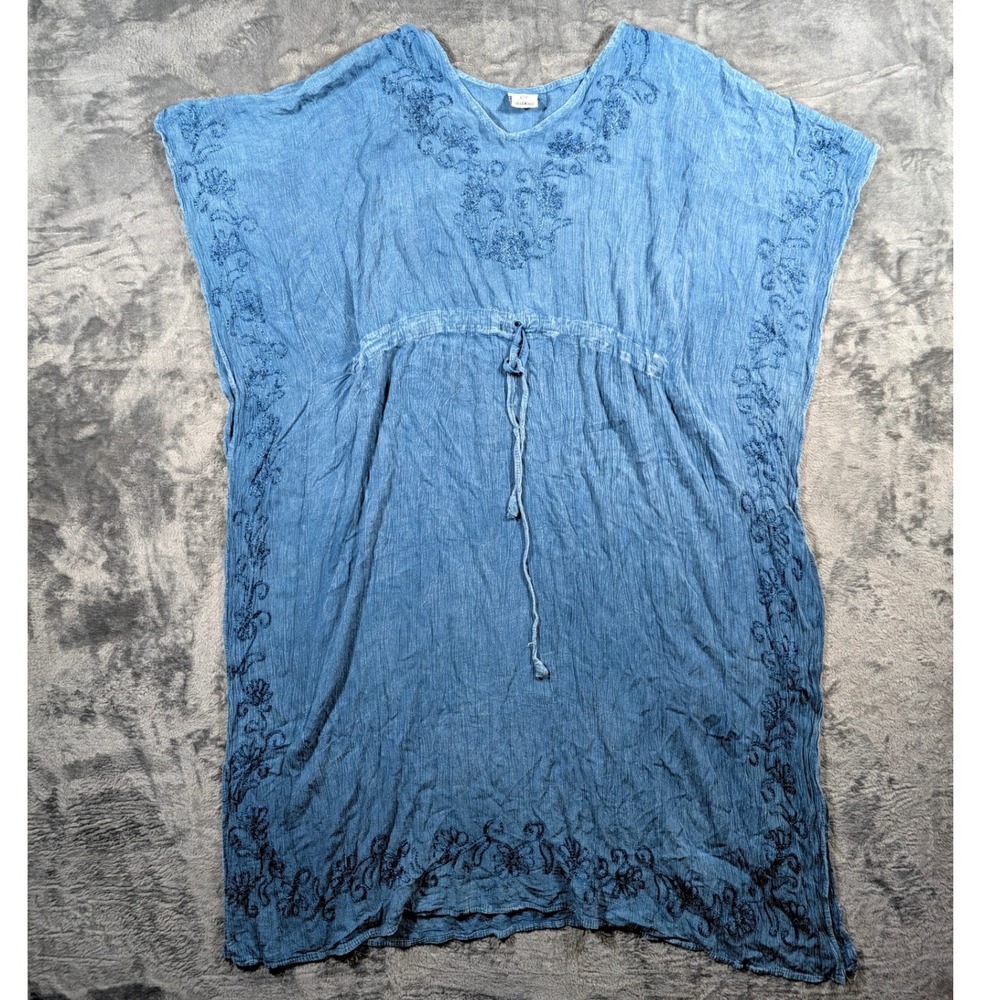 Chic Connection Womens Embroidered Boho Caftan Dress One Size Blue Beach Tunic